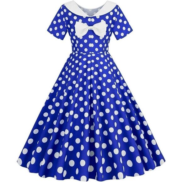 💙 NEW Pinup Retro 1950s Shawl Collar Bow Back Blue Polka Dot Tea Dress SIZE XL - Picture 4 of 16